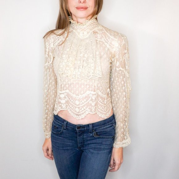 ANTIQUE Ruffle Neck Long-Sleeve Ivory Lace Blouse - Picture 5 of 7